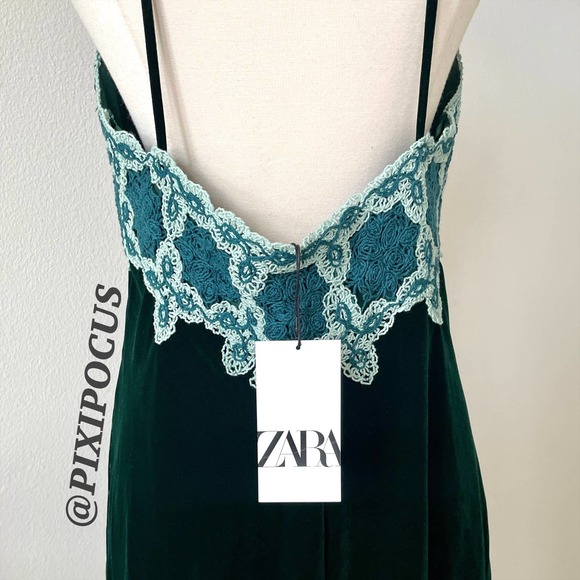 ZARA VELVET + CROCHET MAXI DRESS DARK GREEN / BLUE - Picture 7 of 12